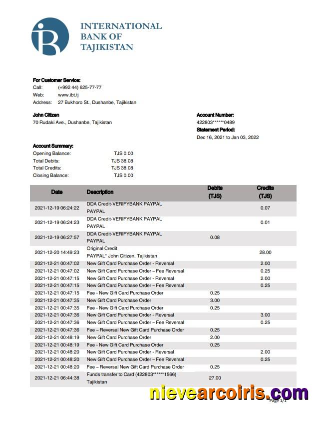 Tajikistan ITB bank statement